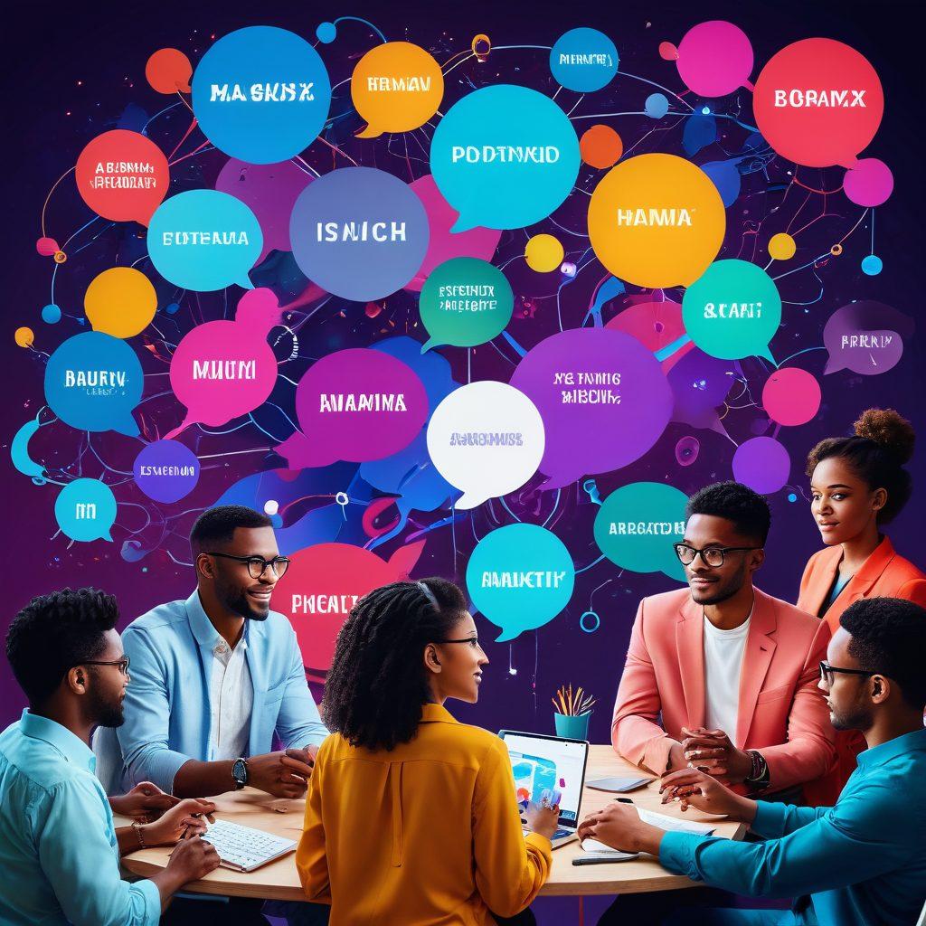 A vibrant collage showcasing diverse individuals from the XMXX community engaged in various activities like brainstorming, networking, and sharing ideas. Highlight futuristic technology elements, such as holograms and digital devices, intertwined with colorful speech bubbles depicting trends and insights. The background should be dynamic with abstract shapes representing innovation and community growth. super-realistic. vibrant colors. 3D.