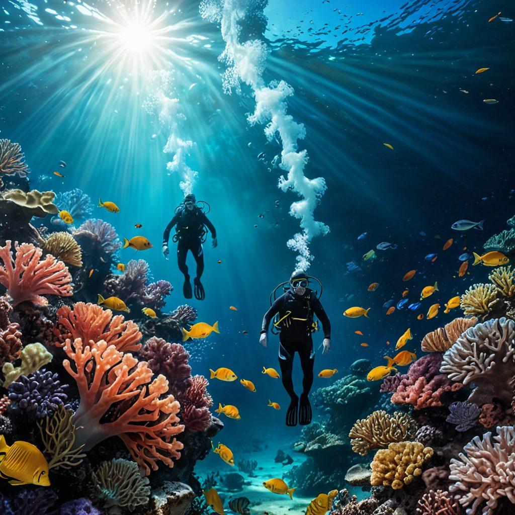 An underwater scene showcasing vibrant coral reefs filled with diverse marine life, symbolizing deep discussions and exploration. Include a group of divers engaged in a dynamic conversation, surrounded by glowing jellyfish and schools of colorful fish, representing resources and knowledge. The light filtering through the water adds a magical touch, enhancing the atmosphere of curiosity and discovery. super-realistic. vibrant colors. 3D.