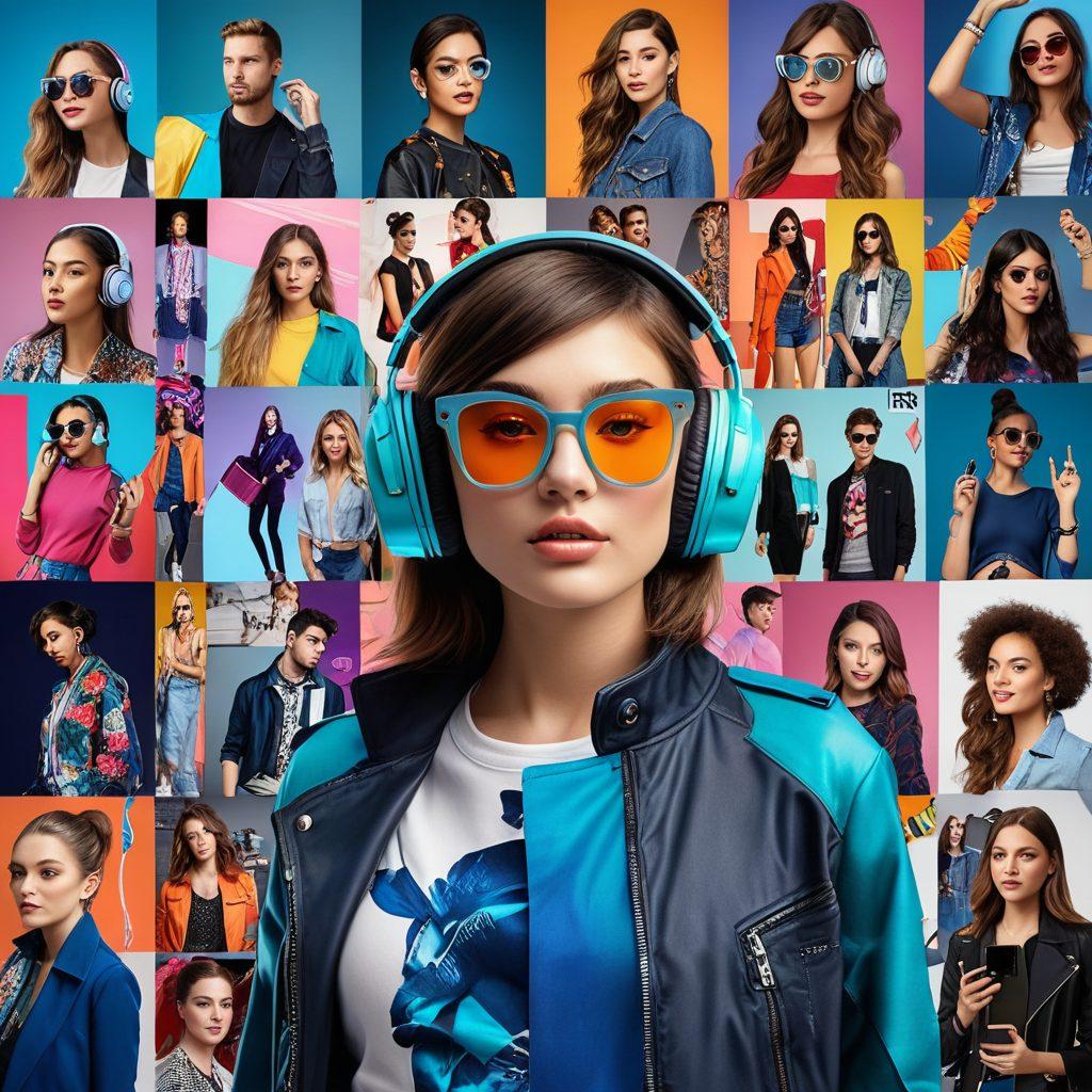 A dynamic and stylish collage featuring the latest fashion, tech gadgets, and entertainment highlights, with vibrant colors and futuristic elements. Include diverse individuals enjoying new trends against a backdrop of digital screens displaying social media feeds. Capture a sense of excitement and innovation. super-realistic. vibrant colors. high energy.